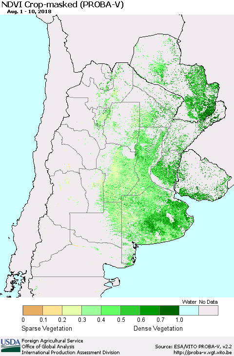Southern South America NDVI Crop-masked (PROBA-V) Thematic Map For 8/1/2018 - 8/10/2018