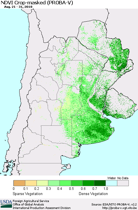 Southern South America NDVI Crop-masked (PROBA-V) Thematic Map For 8/21/2018 - 8/31/2018