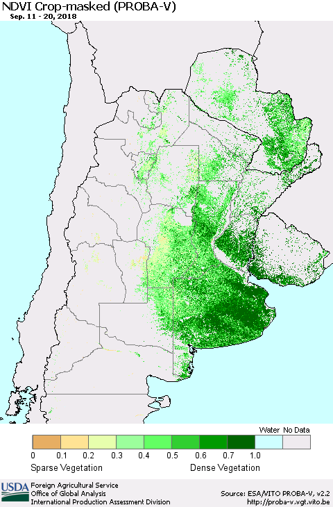 Southern South America NDVI Crop-masked (PROBA-V) Thematic Map For 9/11/2018 - 9/20/2018