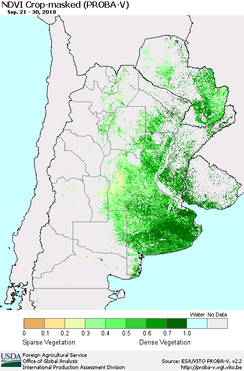 Southern South America NDVI Crop-masked (PROBA-V) Thematic Map For 9/21/2018 - 9/30/2018