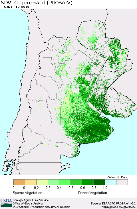 Southern South America NDVI Crop-masked (PROBA-V) Thematic Map For 10/1/2018 - 10/10/2018