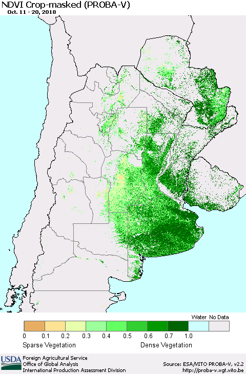 Southern South America NDVI Crop-masked (PROBA-V) Thematic Map For 10/11/2018 - 10/20/2018