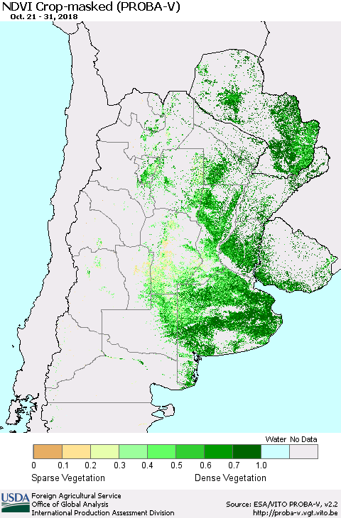 Southern South America NDVI Crop-masked (PROBA-V) Thematic Map For 10/21/2018 - 10/31/2018