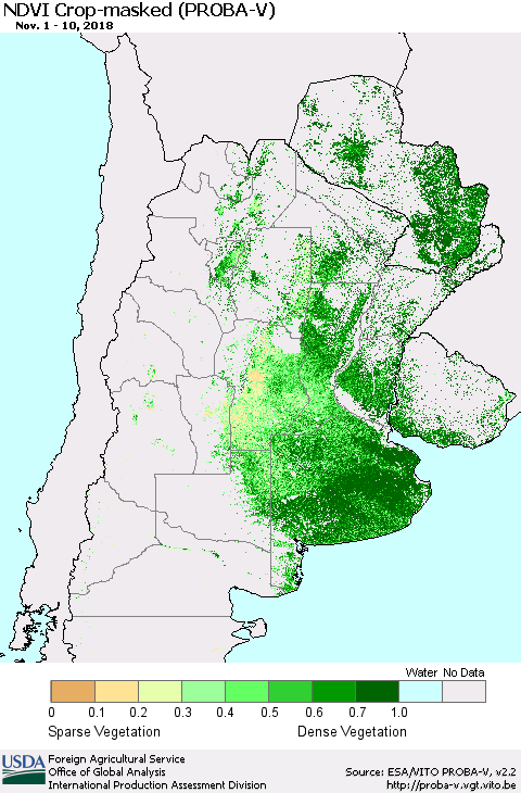 Southern South America NDVI Crop-masked (PROBA-V) Thematic Map For 11/1/2018 - 11/10/2018