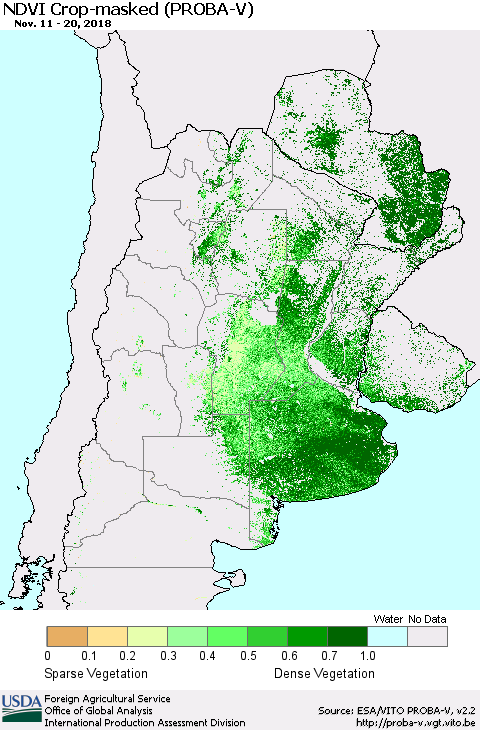 Southern South America NDVI Crop-masked (PROBA-V) Thematic Map For 11/11/2018 - 11/20/2018