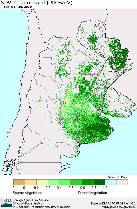 Southern South America NDVI Crop-masked (PROBA-V) Thematic Map For 11/21/2018 - 11/30/2018