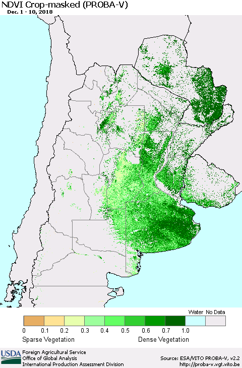 Southern South America NDVI Crop-masked (PROBA-V) Thematic Map For 12/1/2018 - 12/10/2018