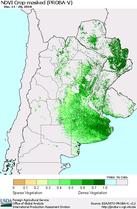 Southern South America NDVI Crop-masked (PROBA-V) Thematic Map For 12/11/2018 - 12/20/2018