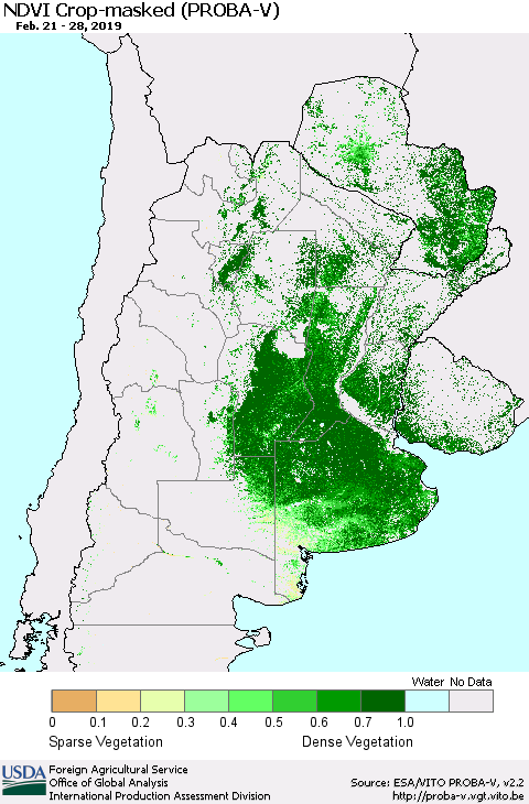 Southern South America NDVI Crop-masked (PROBA-V) Thematic Map For 2/21/2019 - 2/28/2019