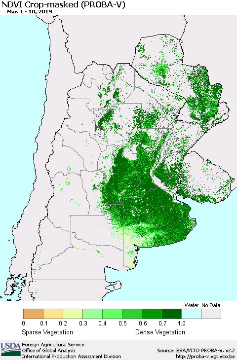 Southern South America NDVI Crop-masked (PROBA-V) Thematic Map For 3/1/2019 - 3/10/2019
