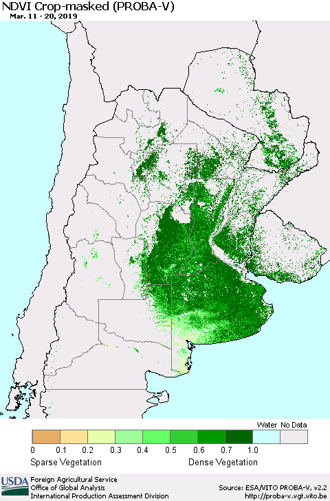 Southern South America NDVI Crop-masked (PROBA-V) Thematic Map For 3/11/2019 - 3/20/2019