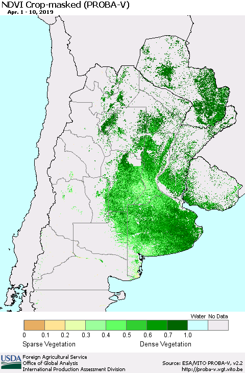 Southern South America NDVI Crop-masked (PROBA-V) Thematic Map For 4/1/2019 - 4/10/2019