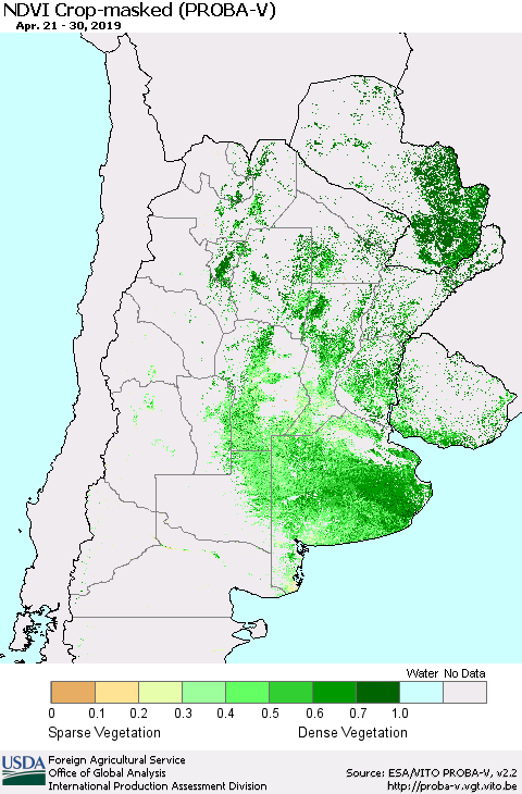 Southern South America NDVI Crop-masked (PROBA-V) Thematic Map For 4/21/2019 - 4/30/2019