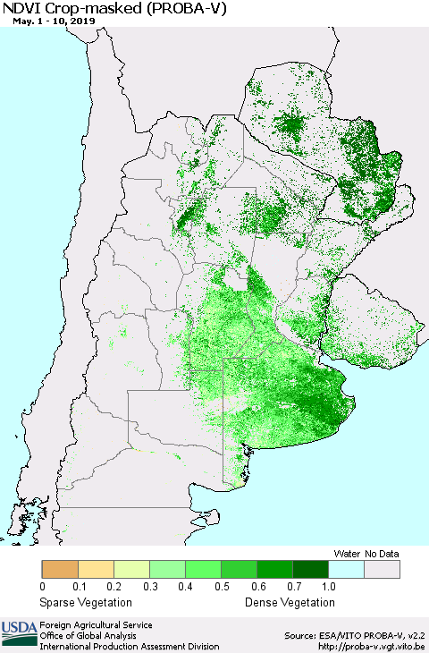 Southern South America NDVI Crop-masked (PROBA-V) Thematic Map For 5/1/2019 - 5/10/2019