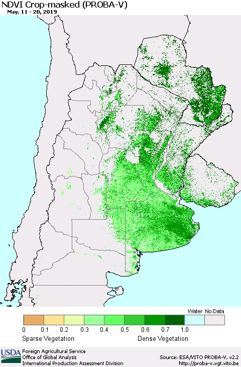Southern South America NDVI Crop-masked (PROBA-V) Thematic Map For 5/11/2019 - 5/20/2019