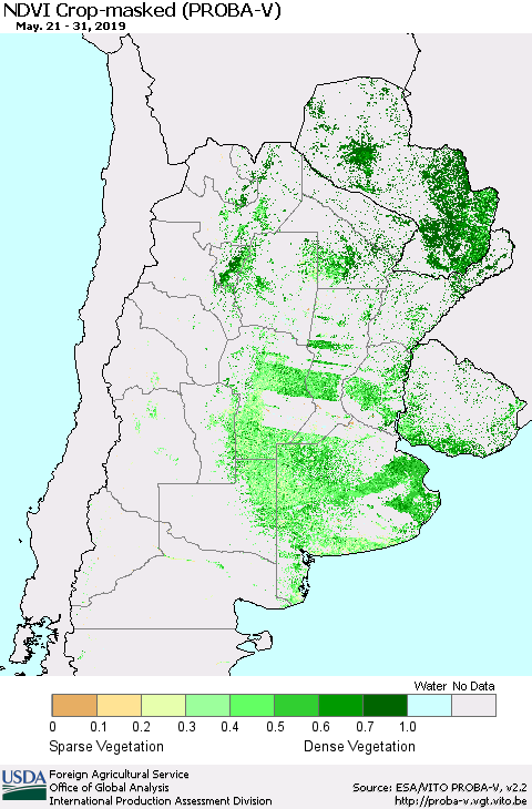 Southern South America NDVI Crop-masked (PROBA-V) Thematic Map For 5/21/2019 - 5/31/2019