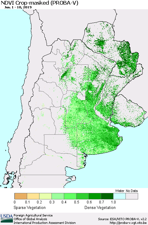Southern South America NDVI Crop-masked (PROBA-V) Thematic Map For 6/1/2019 - 6/10/2019