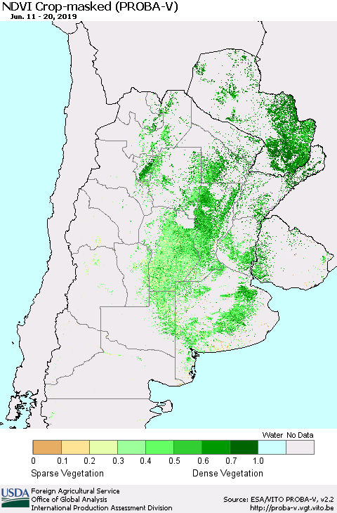Southern South America NDVI Crop-masked (PROBA-V) Thematic Map For 6/11/2019 - 6/20/2019