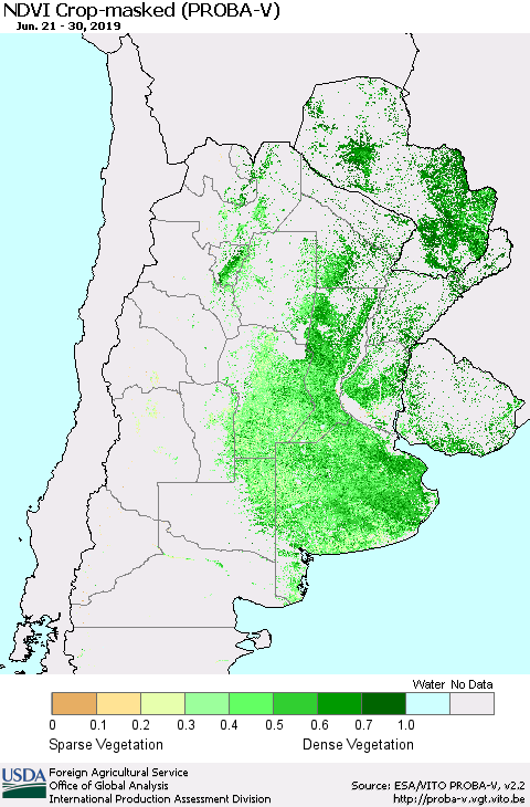 Southern South America NDVI Crop-masked (PROBA-V) Thematic Map For 6/21/2019 - 6/30/2019