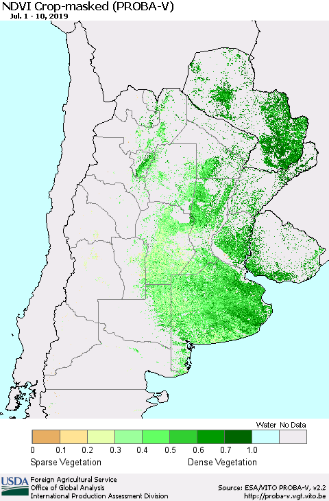 Southern South America NDVI Crop-masked (PROBA-V) Thematic Map For 7/1/2019 - 7/10/2019