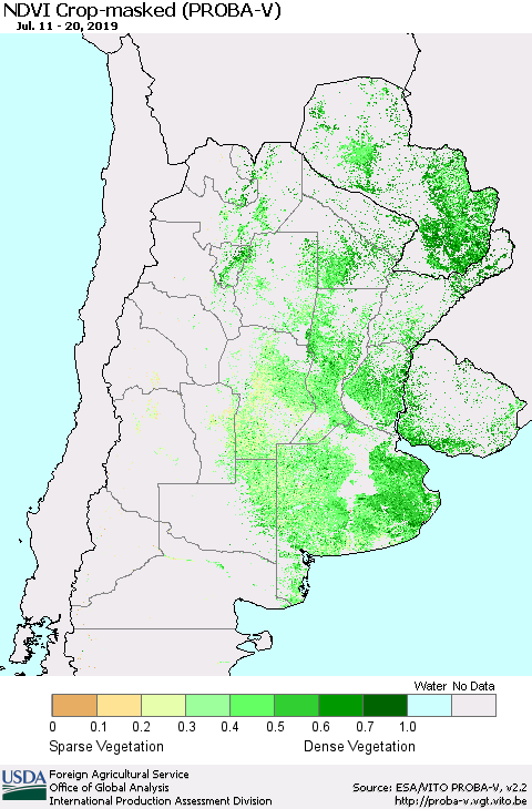 Southern South America NDVI Crop-masked (PROBA-V) Thematic Map For 7/11/2019 - 7/20/2019
