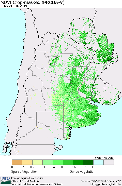 Southern South America NDVI Crop-masked (PROBA-V) Thematic Map For 7/21/2019 - 7/31/2019
