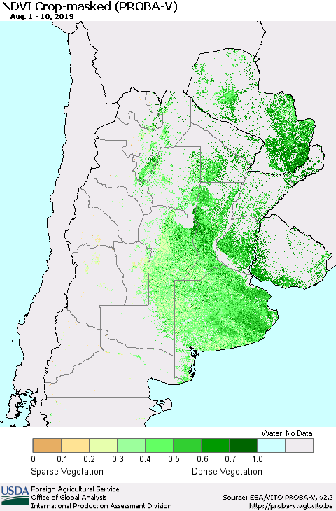 Southern South America NDVI Crop-masked (PROBA-V) Thematic Map For 8/1/2019 - 8/10/2019