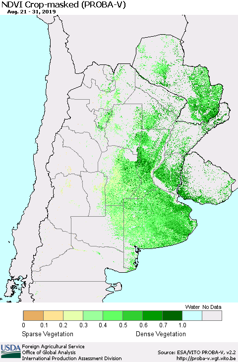 Southern South America NDVI Crop-masked (PROBA-V) Thematic Map For 8/21/2019 - 8/31/2019