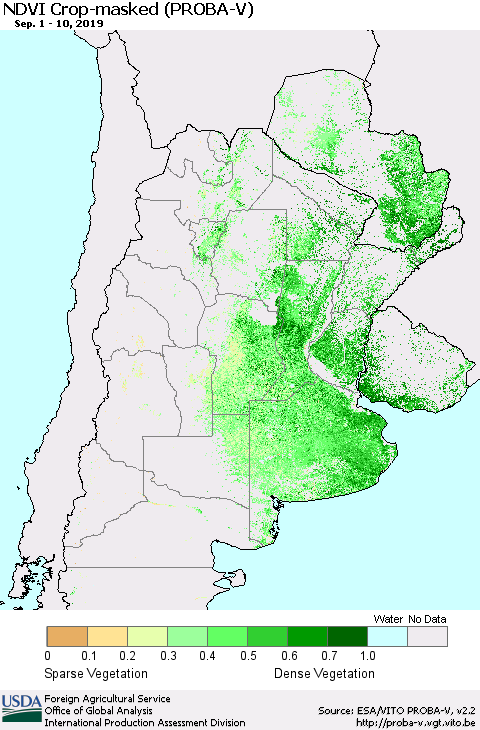 Southern South America NDVI Crop-masked (PROBA-V) Thematic Map For 9/1/2019 - 9/10/2019