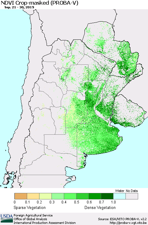 Southern South America NDVI Crop-masked (PROBA-V) Thematic Map For 9/21/2019 - 9/30/2019