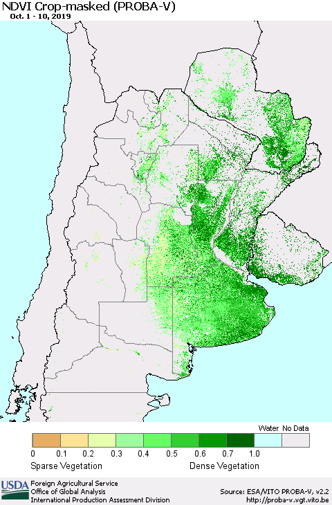 Southern South America NDVI Crop-masked (PROBA-V) Thematic Map For 10/1/2019 - 10/10/2019