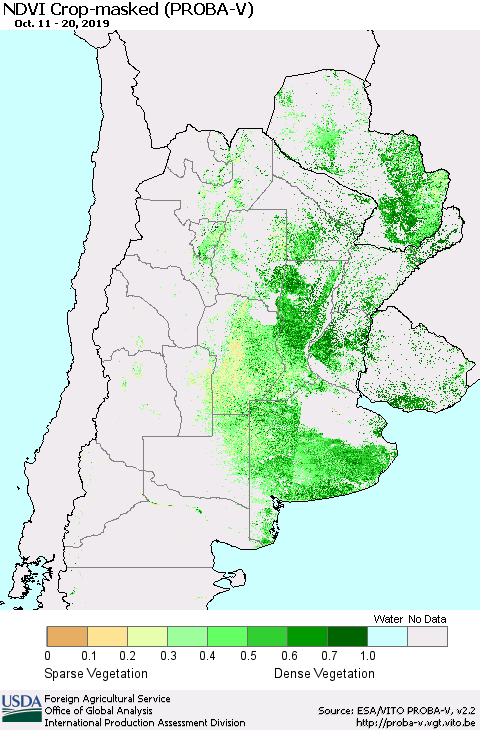Southern South America NDVI Crop-masked (PROBA-V) Thematic Map For 10/11/2019 - 10/20/2019
