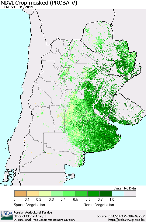 Southern South America NDVI Crop-masked (PROBA-V) Thematic Map For 10/21/2019 - 10/31/2019