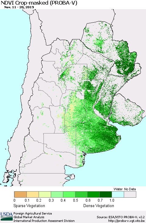 Southern South America NDVI Crop-masked (PROBA-V) Thematic Map For 11/11/2019 - 11/20/2019