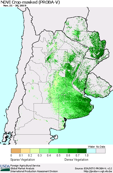 Southern South America NDVI Crop-masked (PROBA-V) Thematic Map For 11/21/2019 - 11/30/2019