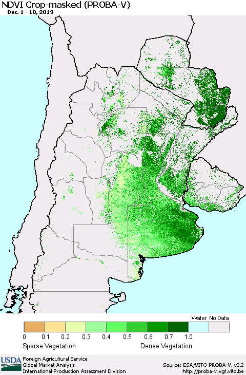Southern South America NDVI Crop-masked (PROBA-V) Thematic Map For 12/1/2019 - 12/10/2019