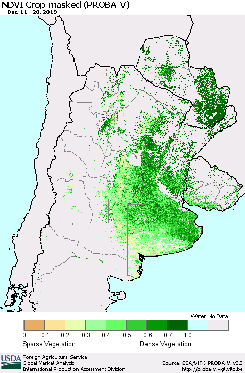 Southern South America NDVI Crop-masked (PROBA-V) Thematic Map For 12/11/2019 - 12/20/2019