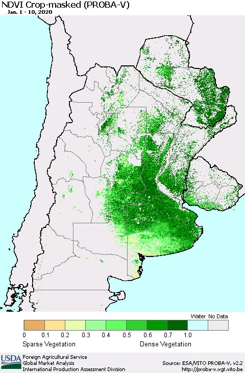 Southern South America NDVI Crop-masked (PROBA-V) Thematic Map For 1/1/2020 - 1/10/2020