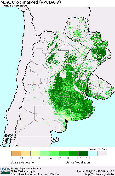 Southern South America NDVI Crop-masked (PROBA-V) Thematic Map For 3/11/2020 - 3/20/2020