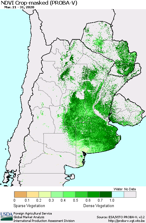 Southern South America NDVI Crop-masked (PROBA-V) Thematic Map For 3/21/2020 - 3/31/2020
