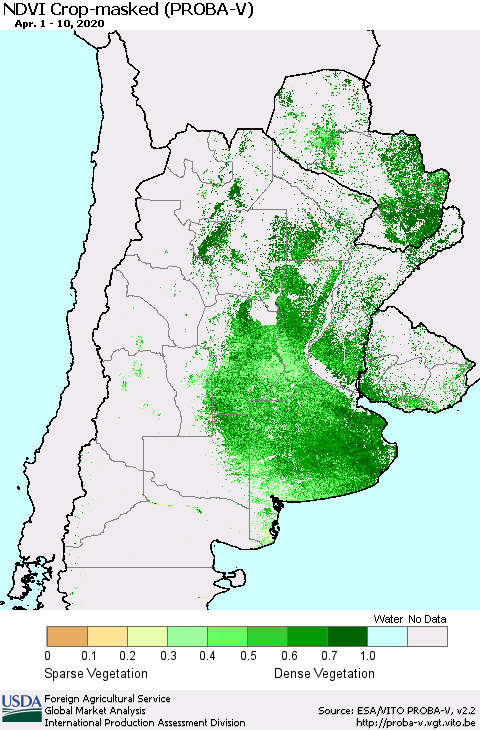 Southern South America NDVI Crop-masked (PROBA-V) Thematic Map For 4/1/2020 - 4/10/2020