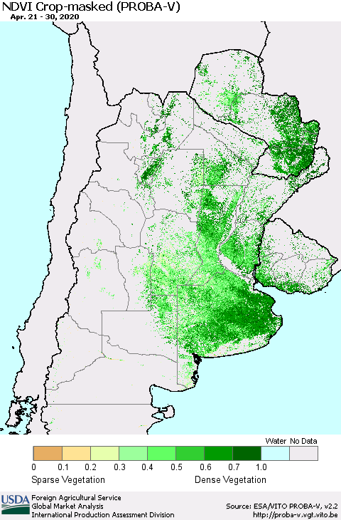 Southern South America NDVI Crop-masked (PROBA-V) Thematic Map For 4/21/2020 - 4/30/2020