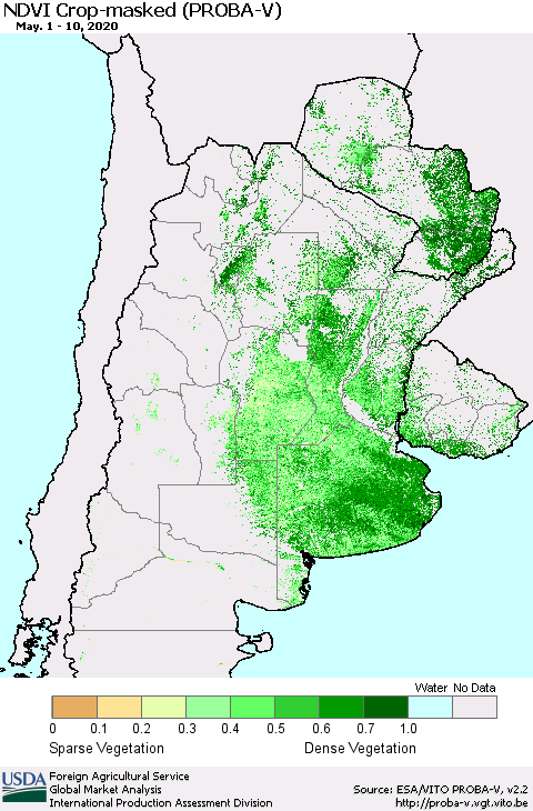 Southern South America NDVI Crop-masked (PROBA-V) Thematic Map For 5/1/2020 - 5/10/2020