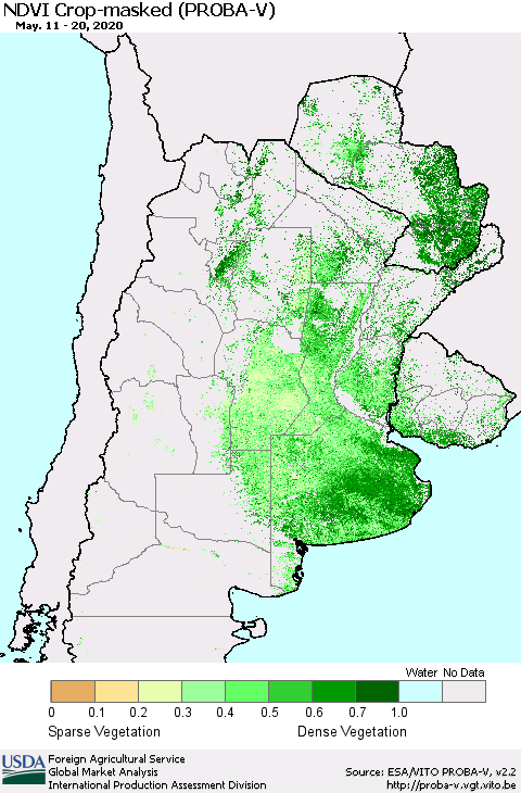 Southern South America NDVI Crop-masked (PROBA-V) Thematic Map For 5/11/2020 - 5/20/2020