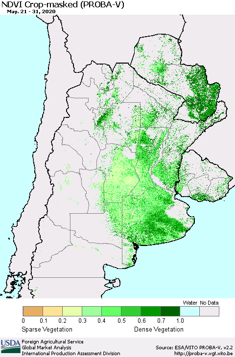Southern South America NDVI Crop-masked (PROBA-V) Thematic Map For 5/21/2020 - 5/31/2020