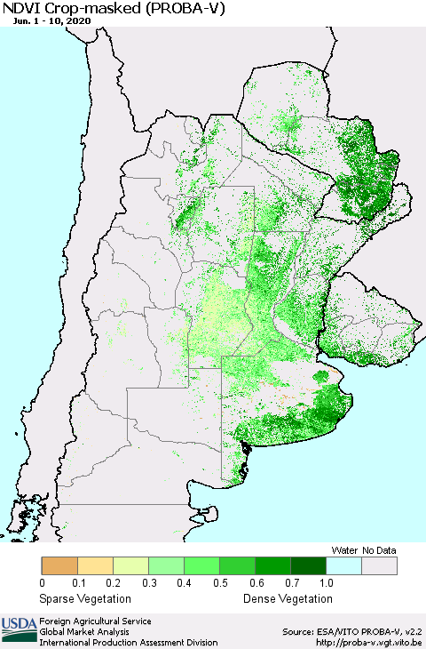 Southern South America NDVI Crop-masked (PROBA-V) Thematic Map For 6/1/2020 - 6/10/2020