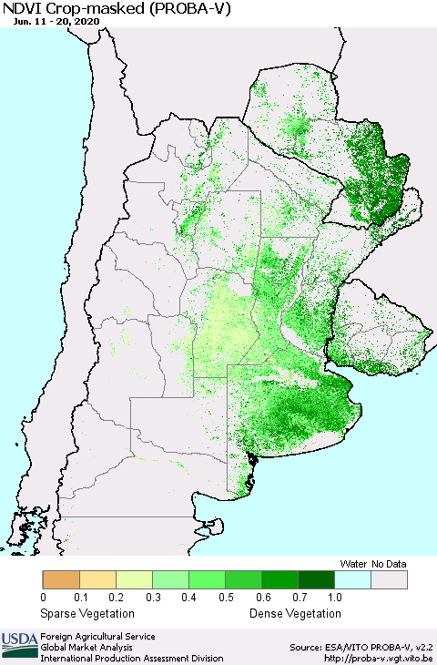 Southern South America NDVI Crop-masked (PROBA-V) Thematic Map For 6/11/2020 - 6/20/2020