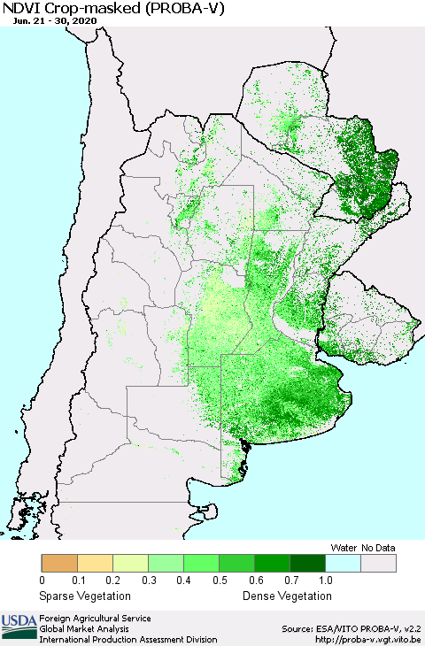 Southern South America NDVI Crop-masked (PROBA-V) Thematic Map For 6/21/2020 - 6/30/2020