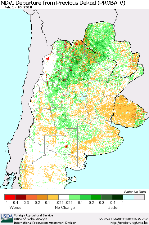 Southern South America NDVI Departure from Previous Dekad (PROBA-V) Thematic Map For 2/1/2018 - 2/10/2018