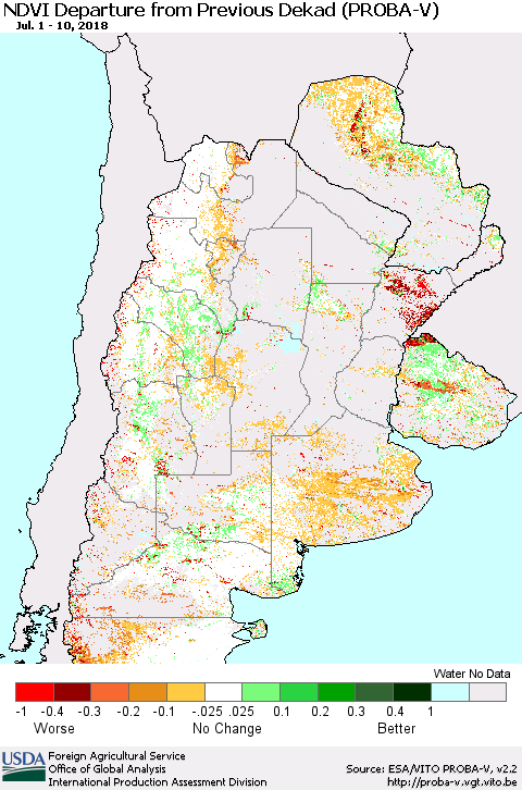 Southern South America NDVI Departure from Previous Dekad (PROBA-V) Thematic Map For 7/1/2018 - 7/10/2018